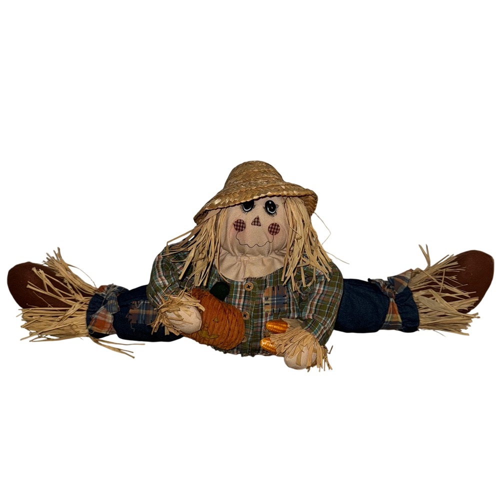 Fall Straw Scarecrow Plush Décor with Pumpkin & Corn- Harvest Rustic Home Accent
